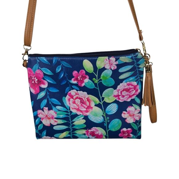 L.I.B. New York Crossbody Blue Floral Wrislet Zip Clouser Purse Tassel Bohemian - Picture 3 of 8